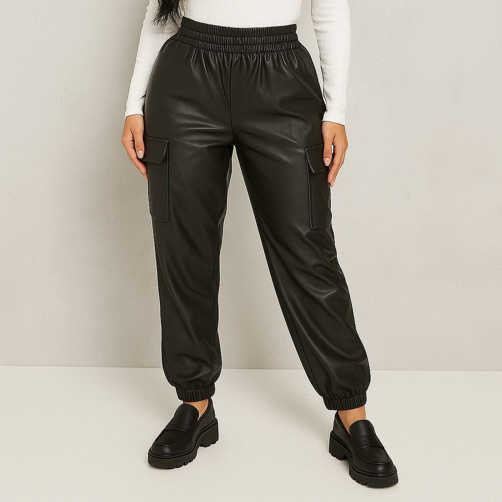 Women's Faux Leather Cargo Jogger Pants, High Waisted with Elastic Waistband and